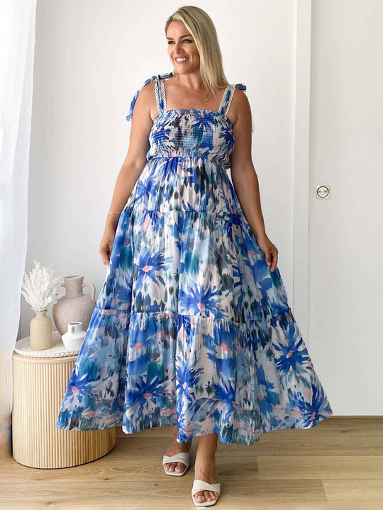 Heidi-Mode | Bohemian Kleid Länger Blumen Druck Fließend Rüsche Schleife mit Dünnen Trägern Lässig Weich Entspannt Damen Strandkleid