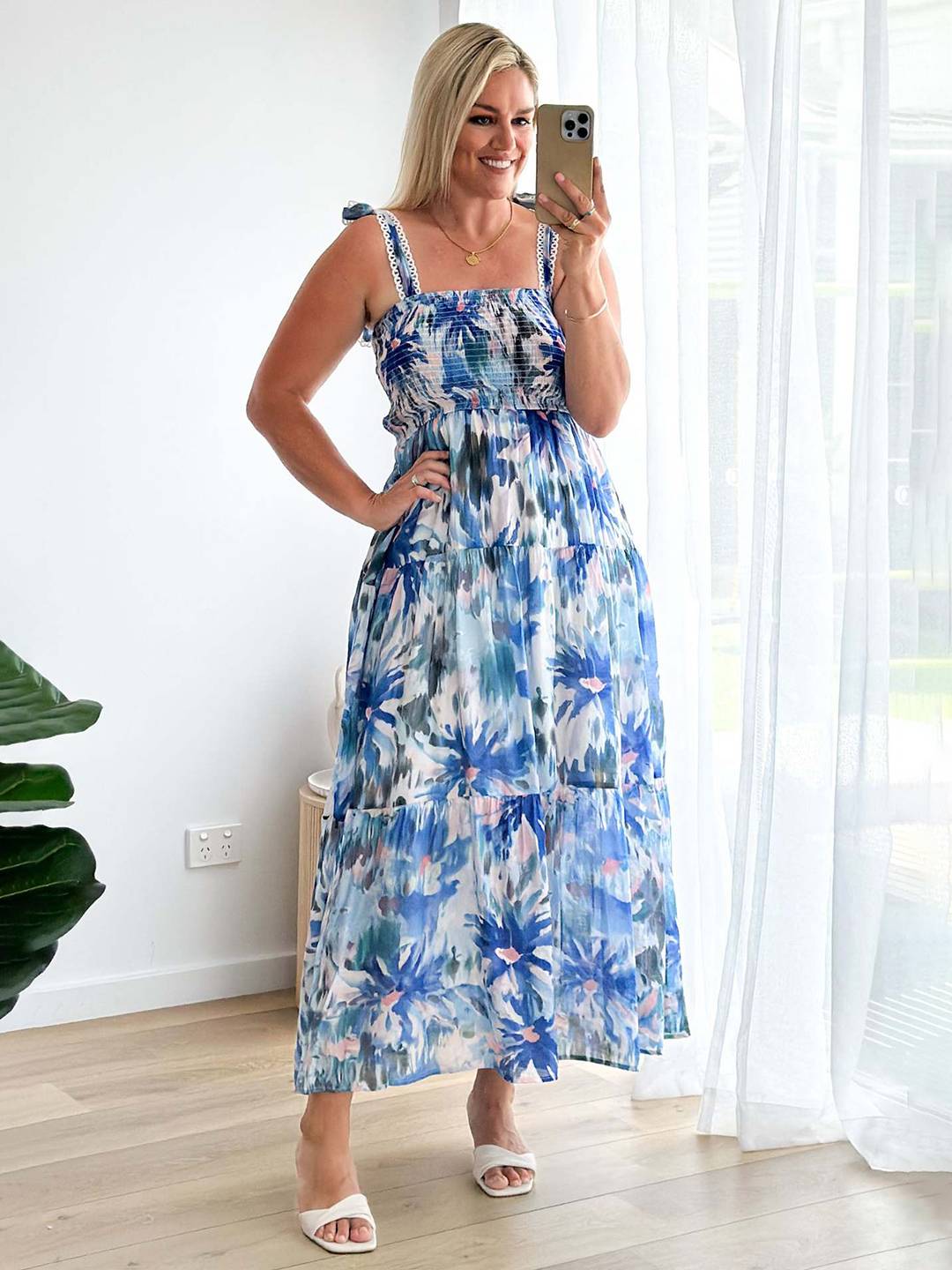 Heidi-Mode | Bohemian Kleid Länger Blumen Druck Fließend Rüsche Schleife mit Dünnen Trägern Lässig Weich Entspannt Damen Strandkleid