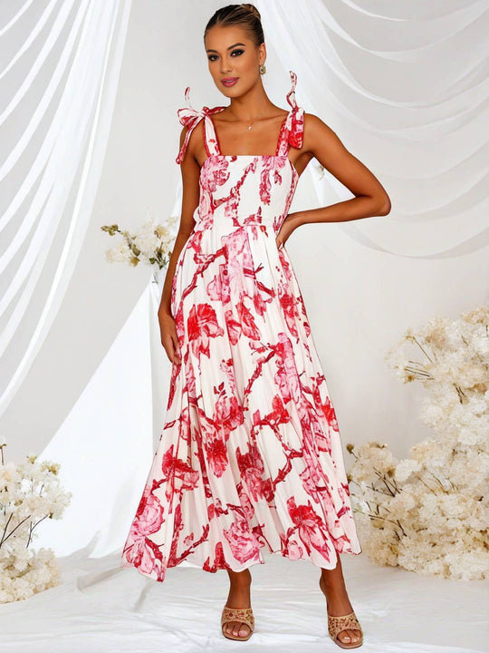 Heidi-Mode | Bohemian Kleid Länger Blumen Druck Fließend Rüsche Schleife mit Dünnen Trägern Lässig Weich Entspannt Damen Strandkleid