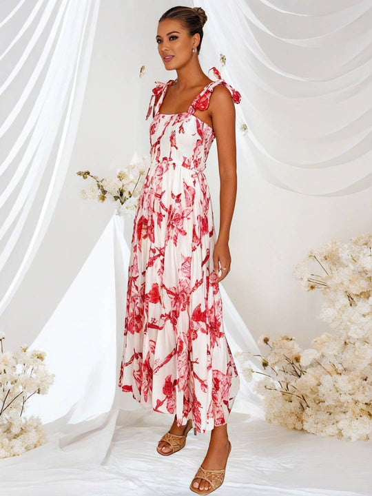 Heidi-Mode | Bohemian Kleid Länger Blumen Druck Fließend Rüsche Schleife mit Dünnen Trägern Lässig Weich Entspannt Damen Strandkleid