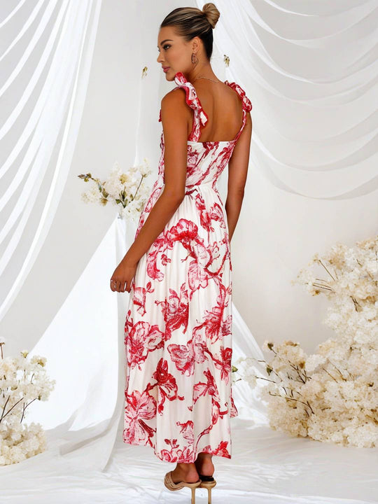 Heidi-Mode | Bohemian Kleid Länger Blumen Druck Fließend Rüsche Schleife mit Dünnen Trägern Lässig Weich Entspannt Damen Strandkleid