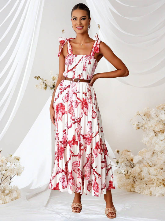 Heidi-Mode | Bohemian Kleid Länger Blumen Druck Fließend Rüsche Schleife mit Dünnen Trägern Lässig Weich Entspannt Damen Strandkleid