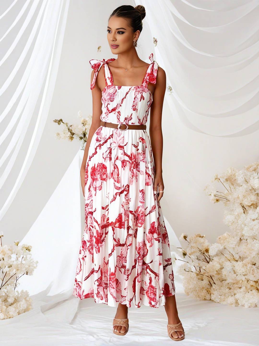 Heidi-Mode | Bohemian Kleid Länger Blumen Druck Fließend Rüsche Schleife mit Dünnen Trägern Lässig Weich Entspannt Damen Strandkleid