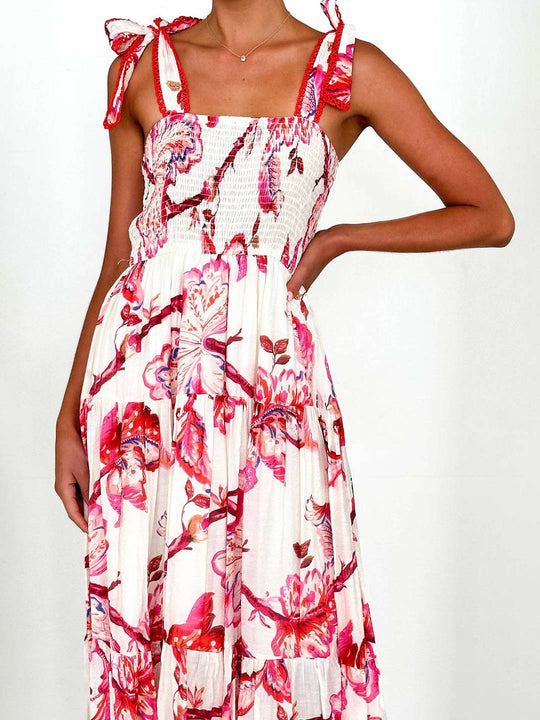 Heidi-Mode | Bohemian Kleid Länger Blumen Druck Fließend Rüsche Schleife mit Dünnen Trägern Lässig Weich Entspannt Damen Strandkleid