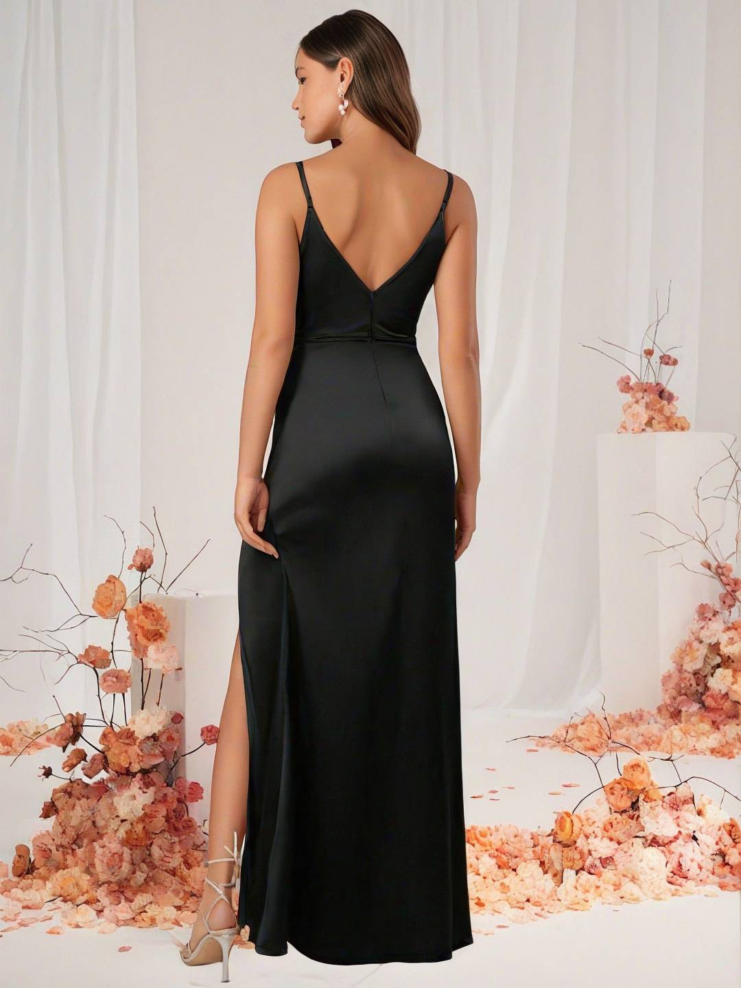 Heidi-Mode | Brautjungfernkleid Satin V-Ausschnitt Geteilter Rücken Ärmelloses Abendgast Hochzeitskleid