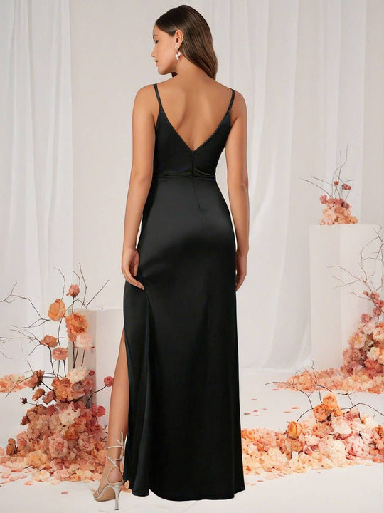 Heidi-Mode | Brautjungfernkleid Satin V-Ausschnitt Geteilter Rücken Ärmelloses Abendgast Hochzeitskleid