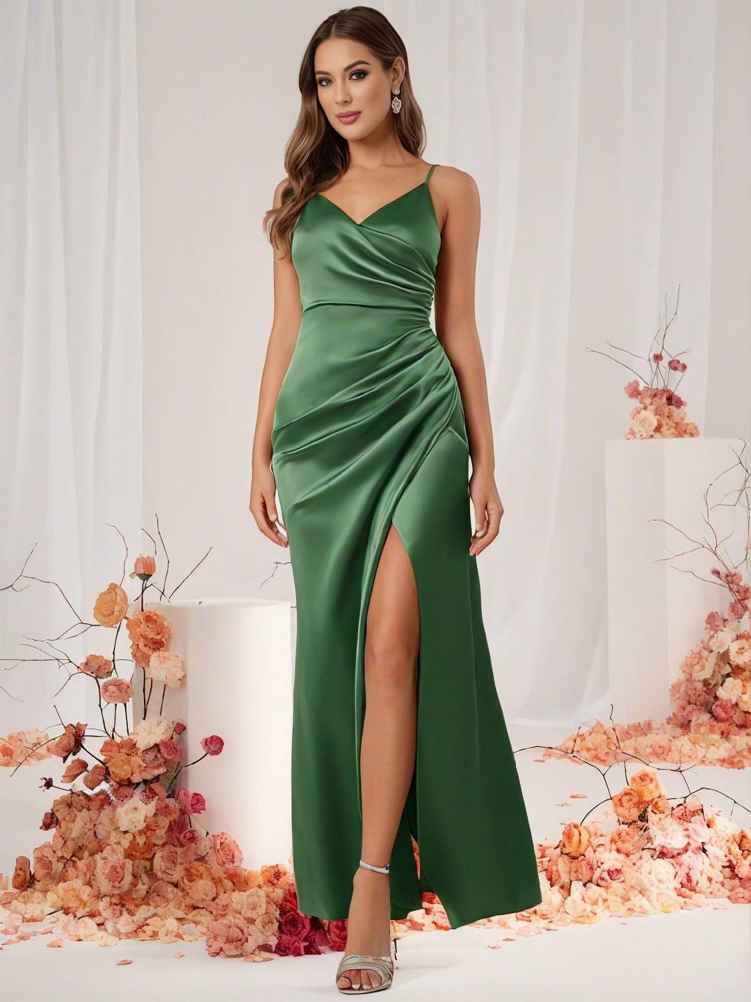 Heidi-Mode | Brautjungfernkleid Satin V-Ausschnitt Geteilter Rücken Ärmelloses Abendgast Hochzeitskleid