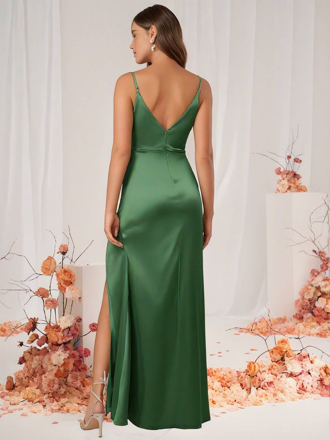 Heidi-Mode | Brautjungfernkleid Satin V-Ausschnitt Geteilter Rücken Ärmelloses Abendgast Hochzeitskleid