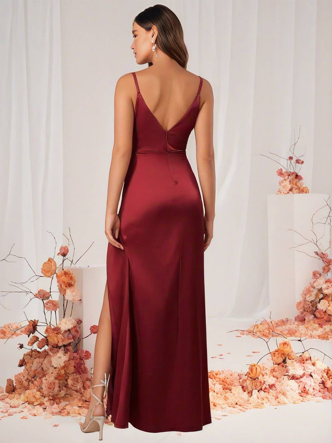 Heidi-Mode | Brautjungfernkleid Satin V-Ausschnitt Geteilter Rücken Ärmelloses Abendgast Hochzeitskleid