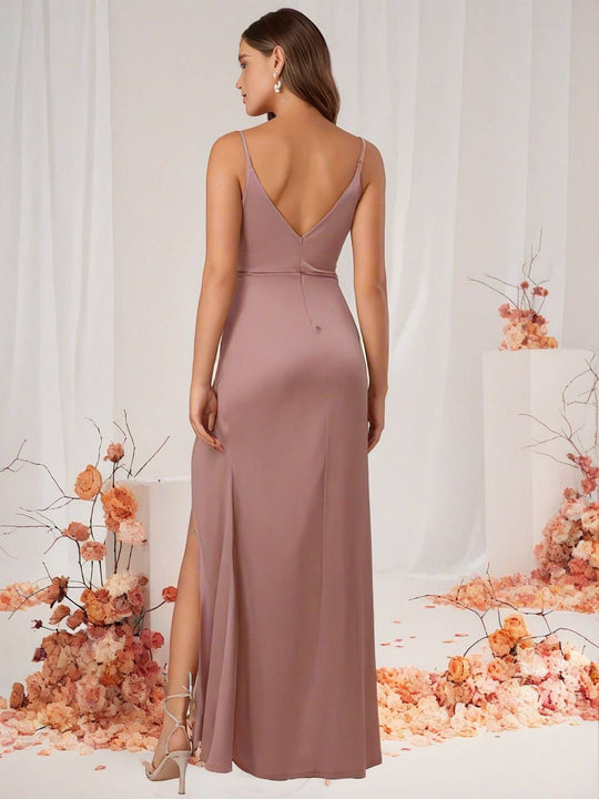 Heidi-Mode | Brautjungfernkleid Satin V-Ausschnitt Geteilter Rücken Ärmelloses Abendgast Hochzeitskleid