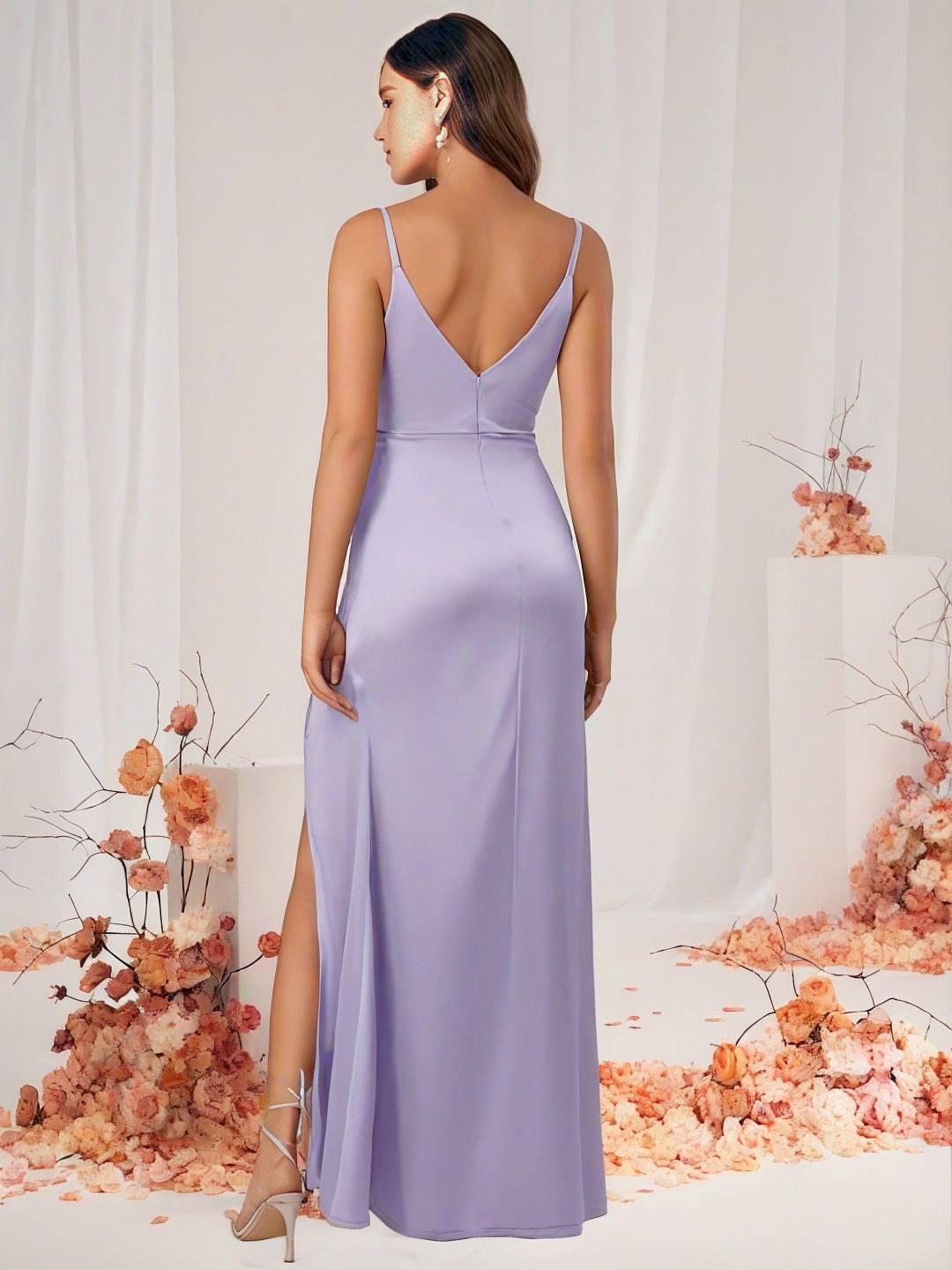 Heidi-Mode | Brautjungfernkleid Satin V-Ausschnitt Geteilter Rücken Ärmelloses Abendgast Hochzeitskleid