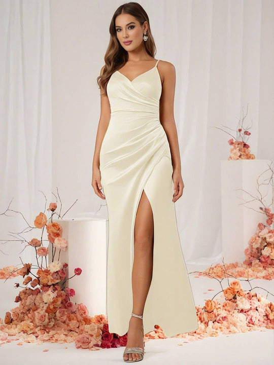 Heidi-Mode | Brautjungfernkleid Satin V-Ausschnitt Geteilter Rücken Ärmelloses Abendgast Hochzeitskleid