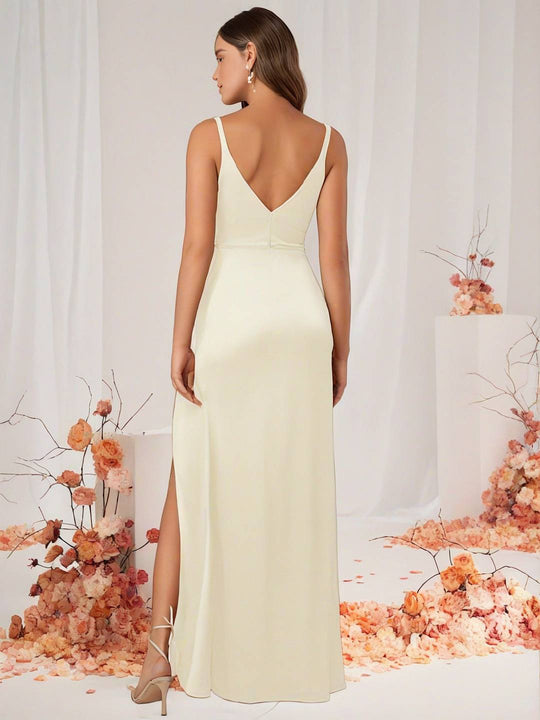 Heidi-Mode | Brautjungfernkleid Satin V-Ausschnitt Geteilter Rücken Ärmelloses Abendgast Hochzeitskleid