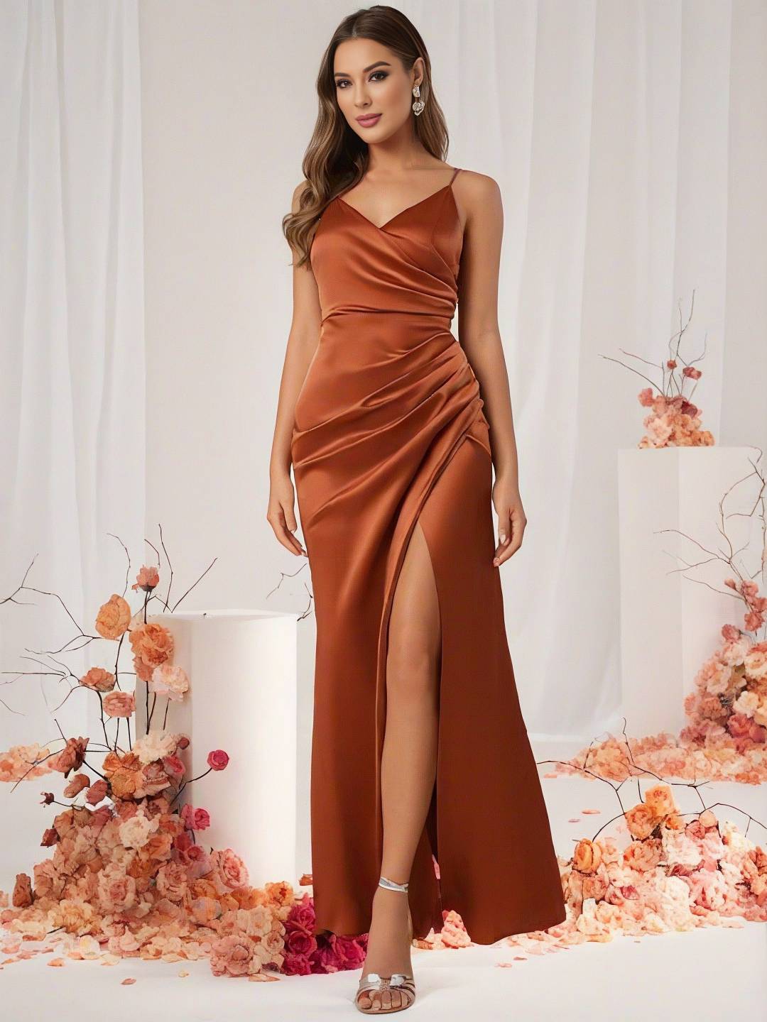 Heidi-Mode | Brautjungfernkleid Satin V-Ausschnitt Geteilter Rücken Ärmelloses Abendgast Hochzeitskleid