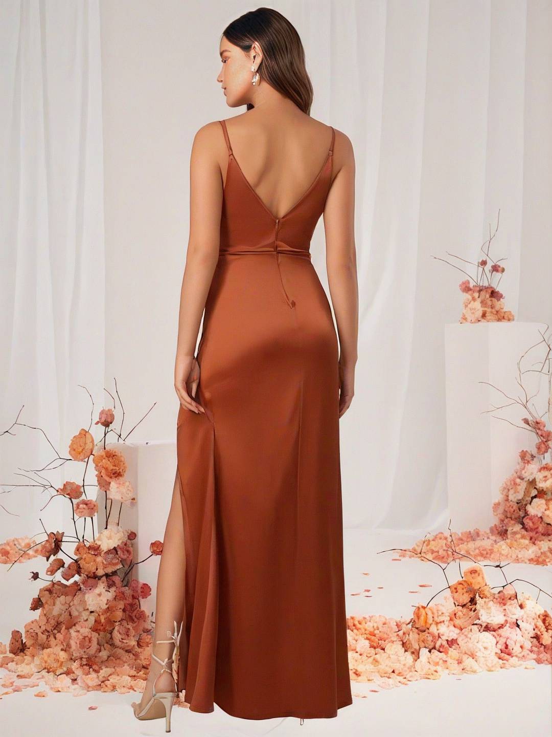 Heidi-Mode | Brautjungfernkleid Satin V-Ausschnitt Geteilter Rücken Ärmelloses Abendgast Hochzeitskleid