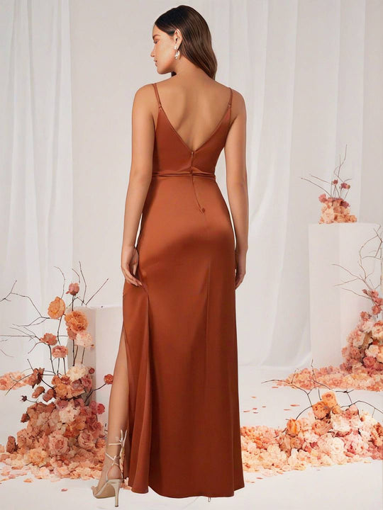 Heidi-Mode | Brautjungfernkleid Satin V-Ausschnitt Geteilter Rücken Ärmelloses Abendgast Hochzeitskleid