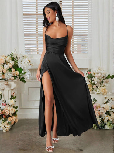 Heidi-Mode | Langes Satin Kleid mit Schlitz An Der Seite Rückenfrei mit Dünnen Trägern Ärmellos Elegante Abendmode für Hochzeit Zeremonie