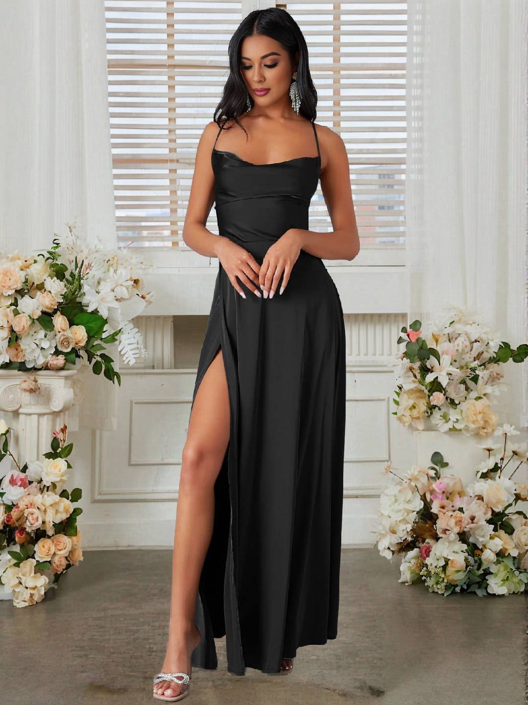 Heidi-Mode | Langes Satin Kleid mit Schlitz An Der Seite Rückenfrei mit Dünnen Trägern Ärmellos Elegante Abendmode für Hochzeit Zeremonie