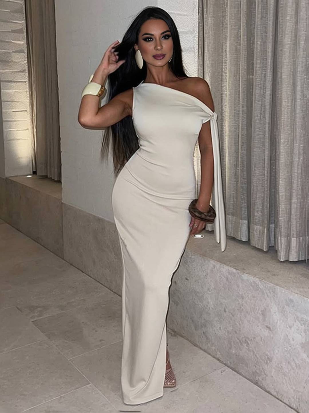 Heidi-Mode | Lange Ärmellose Ein-Schulter Figurbetont Kleid Damen Elegante Prom Ball für Hochzeit Zeremonie
