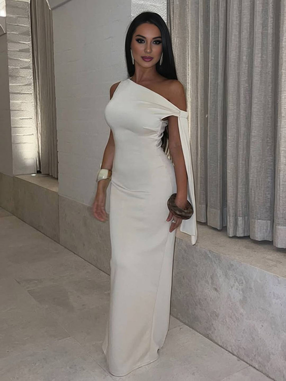 Heidi-Mode | Lange Ärmellose Ein-Schulter Figurbetont Kleid Damen Elegante Prom Ball für Hochzeit Zeremonie