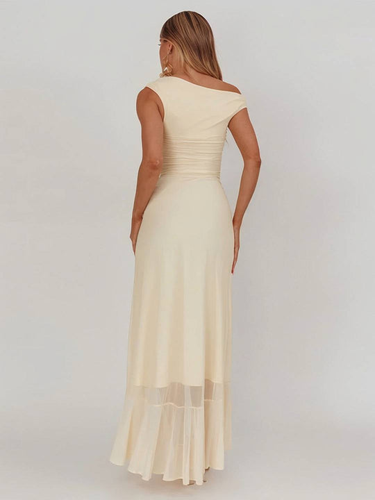 Heidi-Mode | Lange Figurbetonte Tüll Ein-Schulter Schlitzseite mit Rüsche Ohne Ärmel Damen Elegante Abend Ball Abschlussball