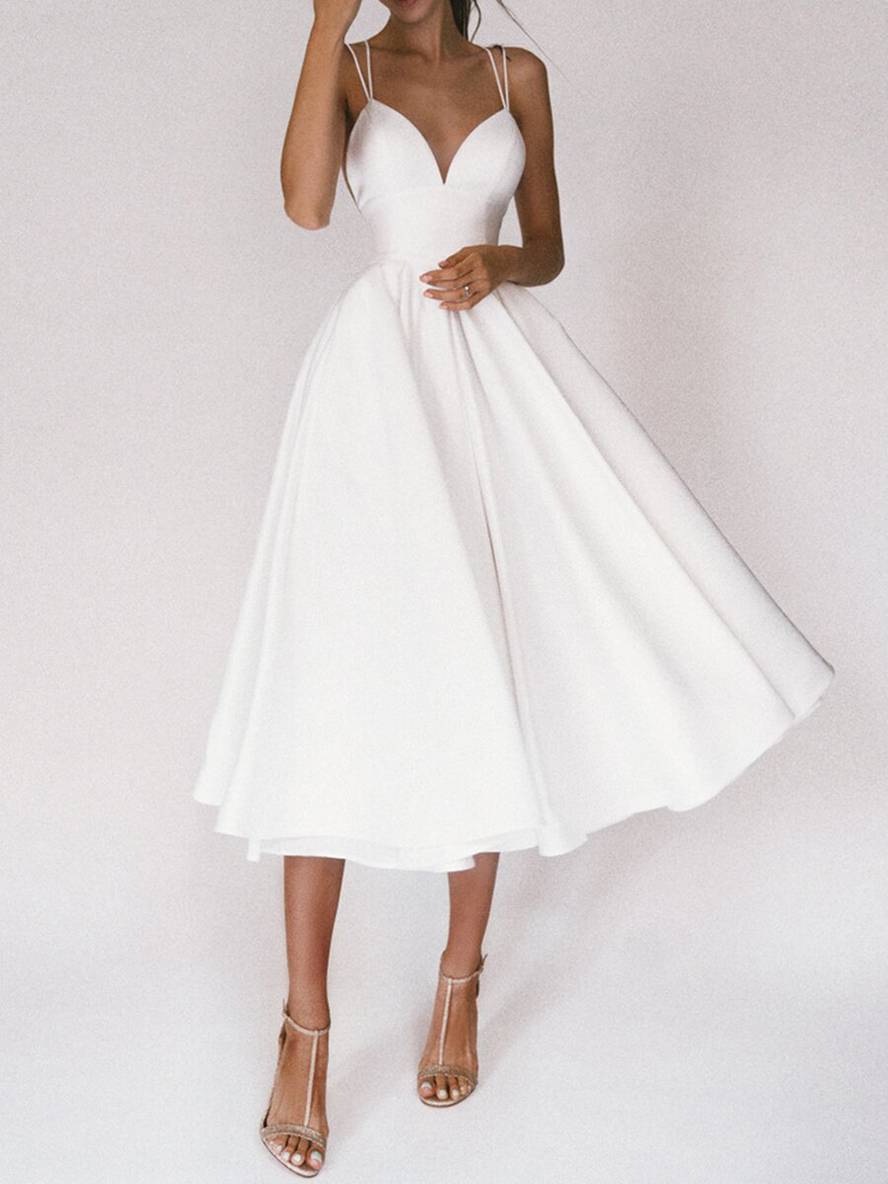 Heidi-Mode | Midi-Lang Kleid Trapez Rückenfrei Feine Träger V-Ausschnitt Damen Elegantes Cocktail