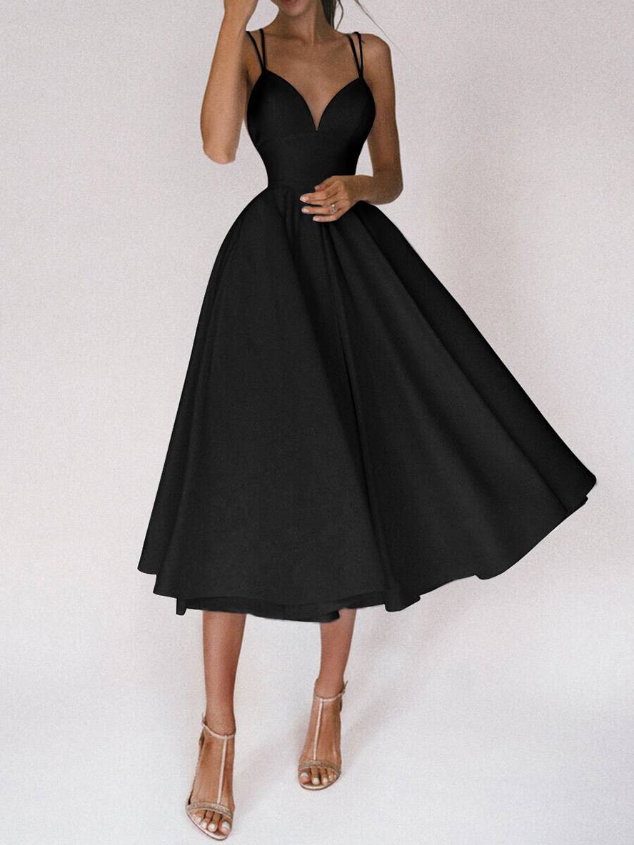 Heidi-Mode | Midi-Lang Kleid Trapez Rückenfrei Feine Träger V-Ausschnitt Damen Elegantes Cocktail