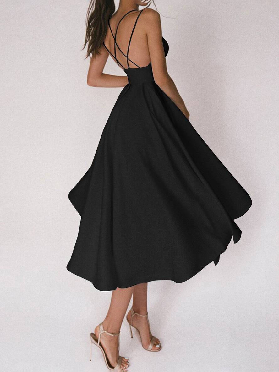 Heidi-Mode | Midi-Lang Kleid Trapez Rückenfrei Feine Träger V-Ausschnitt Damen Elegantes Cocktail