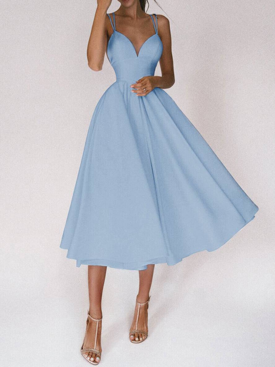 Heidi-Mode | Midi-Lang Kleid Trapez Rückenfrei Feine Träger V-Ausschnitt Damen Elegantes Cocktail