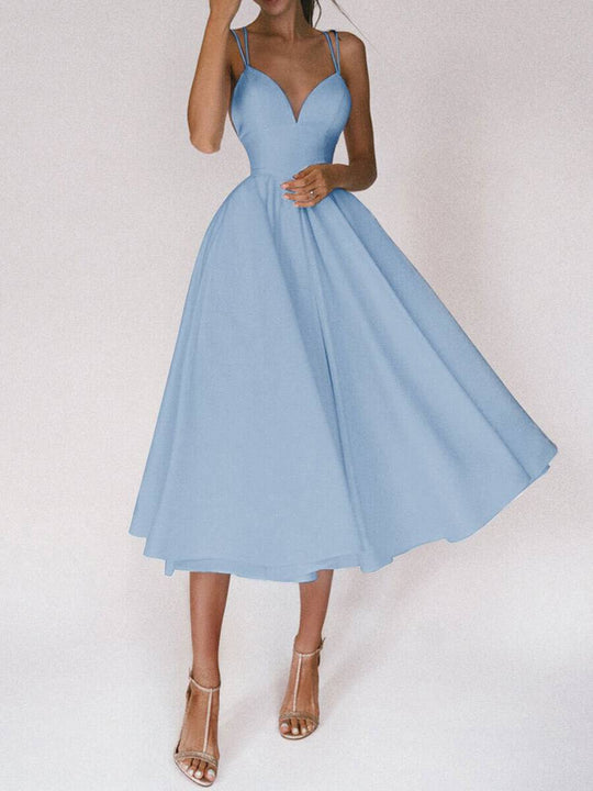 Heidi-Mode | Midi-Lang Kleid Trapez Rückenfrei Feine Träger V-Ausschnitt Damen Elegantes Cocktail