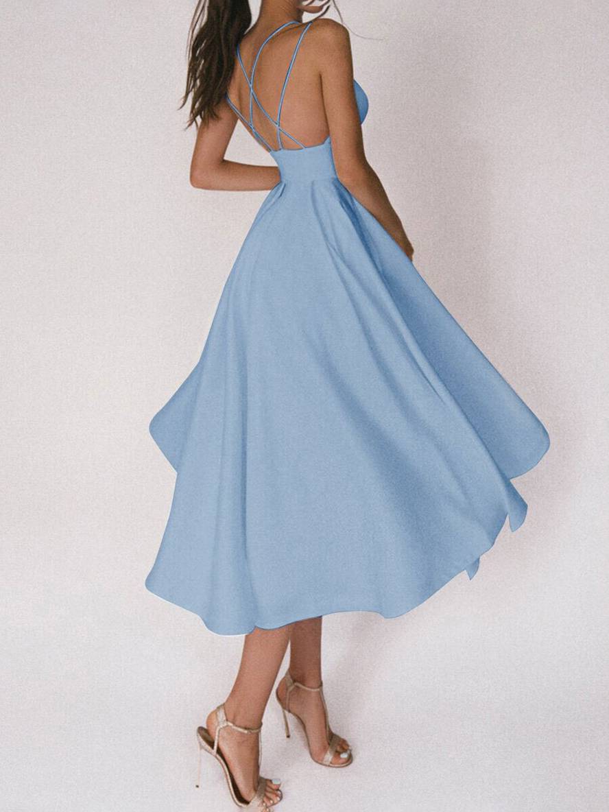 Heidi-Mode | Midi-Lang Kleid Trapez Rückenfrei Feine Träger V-Ausschnitt Damen Elegantes Cocktail