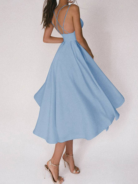 Heidi-Mode | Midi-Lang Kleid Trapez Rückenfrei Feine Träger V-Ausschnitt Damen Elegantes Cocktail