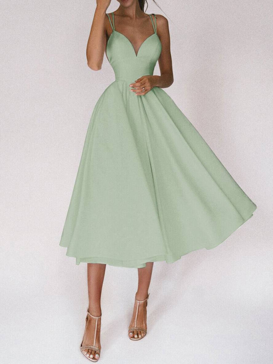 Heidi-Mode | Midi-Lang Kleid Trapez Rückenfrei Feine Träger V-Ausschnitt Damen Elegantes Cocktail