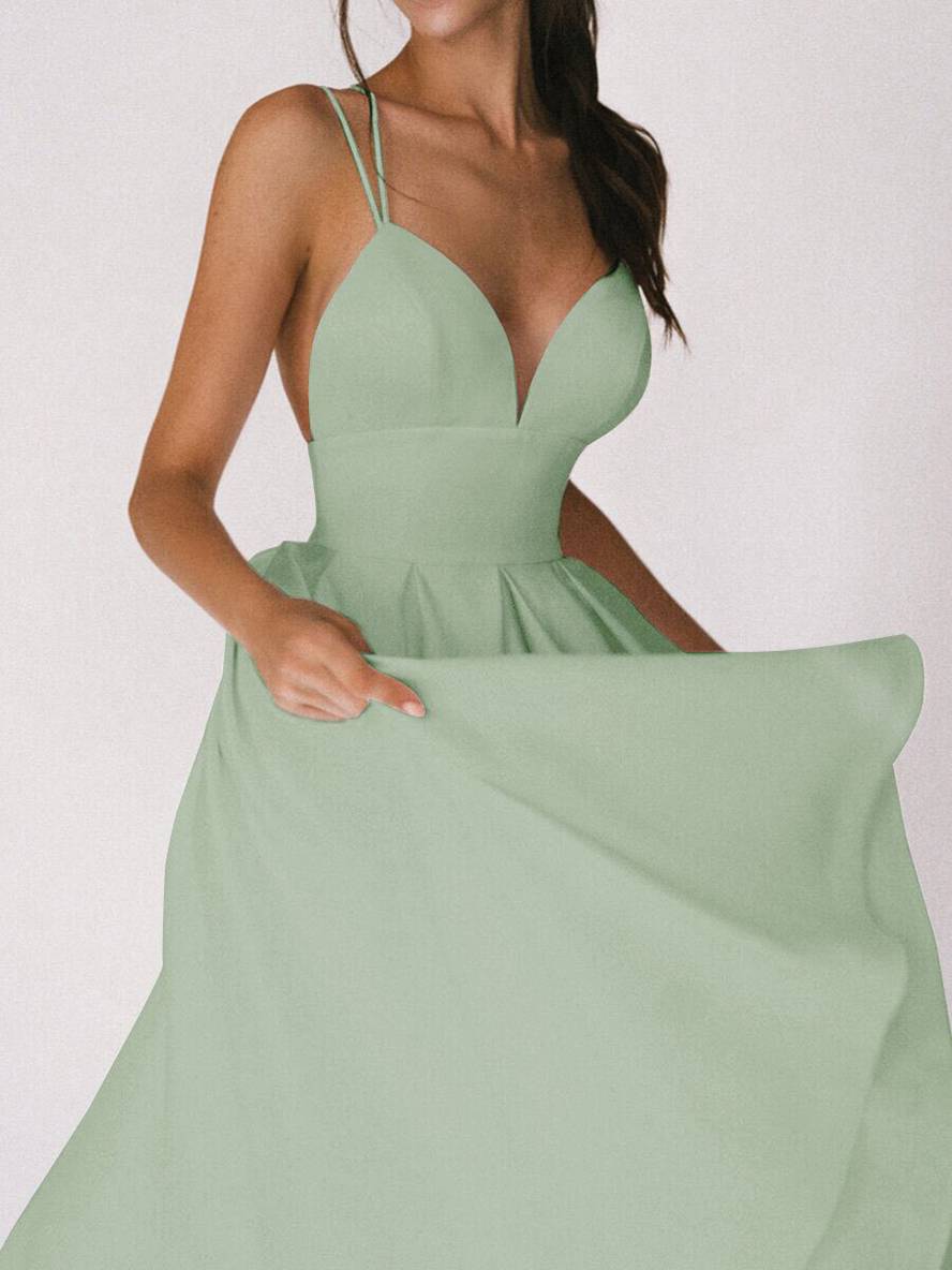 Heidi-Mode | Midi-Lang Kleid Trapez Rückenfrei Feine Träger V-Ausschnitt Damen Elegantes Cocktail