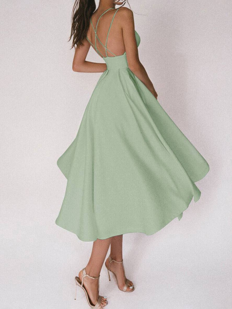 Heidi-Mode | Midi-Lang Kleid Trapez Rückenfrei Feine Träger V-Ausschnitt Damen Elegantes Cocktail