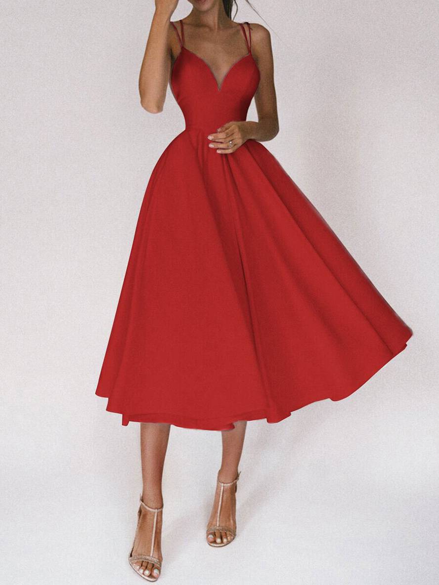 Heidi-Mode | Midi-Lang Kleid Trapez Rückenfrei Feine Träger V-Ausschnitt Damen Elegantes Cocktail