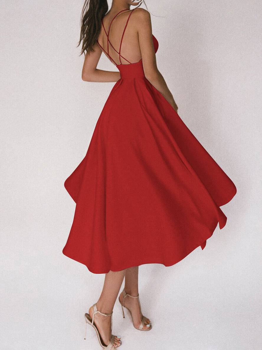 Heidi-Mode | Midi-Lang Kleid Trapez Rückenfrei Feine Träger V-Ausschnitt Damen Elegantes Cocktail