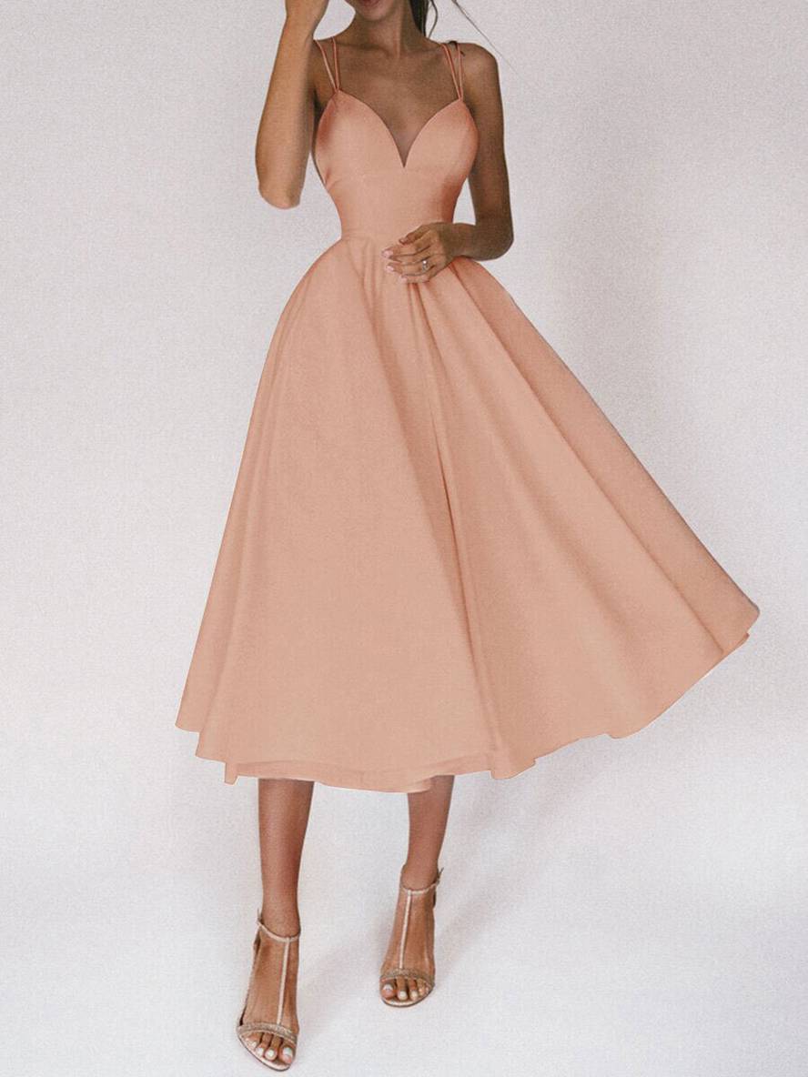 Heidi-Mode | Midi-Lang Kleid Trapez Rückenfrei Feine Träger V-Ausschnitt Damen Elegantes Cocktail