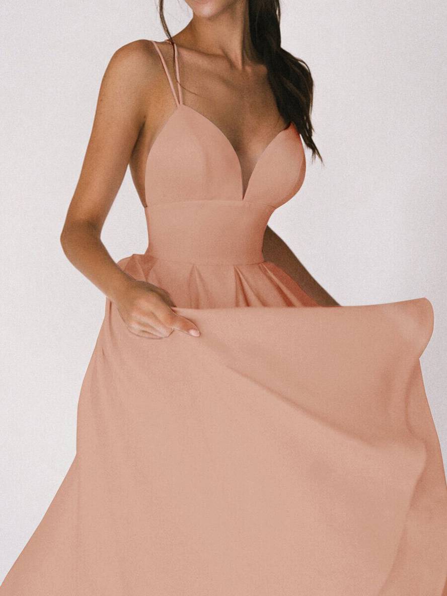 Heidi-Mode | Midi-Lang Kleid Trapez Rückenfrei Feine Träger V-Ausschnitt Damen Elegantes Cocktail