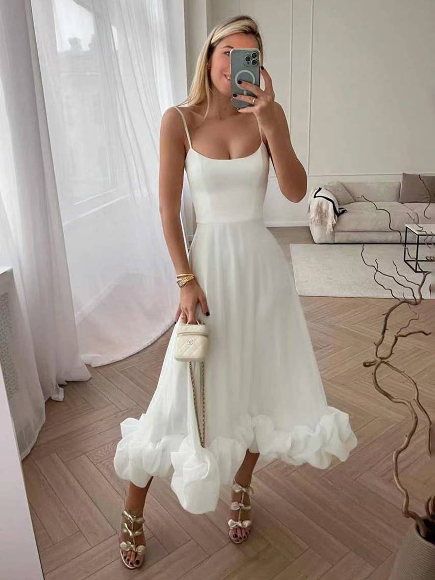 Heidi-Mode | Knielanges Kleid A-Linie mit Rüschen Bustier mit Feinen Trägern Ohne Ärmel Damen Elegant Weich Cocktail Prom