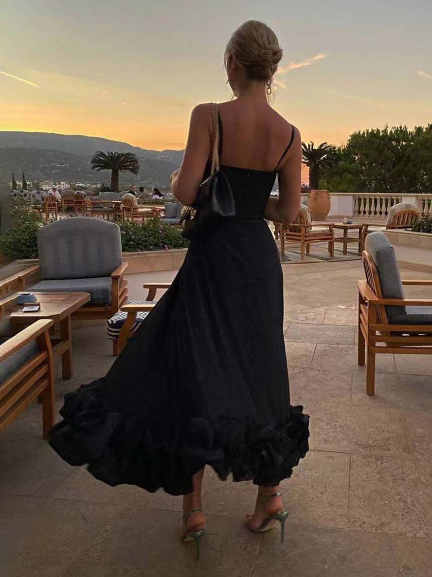 Heidi-Mode | Knielanges Kleid A-Linie mit Rüschen Bustier mit Feinen Trägern Ohne Ärmel Damen Elegant Weich Cocktail Prom