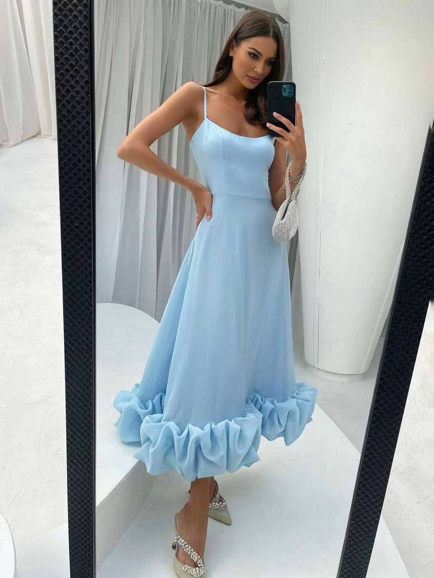 Heidi-Mode | Knielanges Kleid A-Linie mit Rüschen Bustier mit Feinen Trägern Ohne Ärmel Damen Elegant Weich Cocktail Prom
