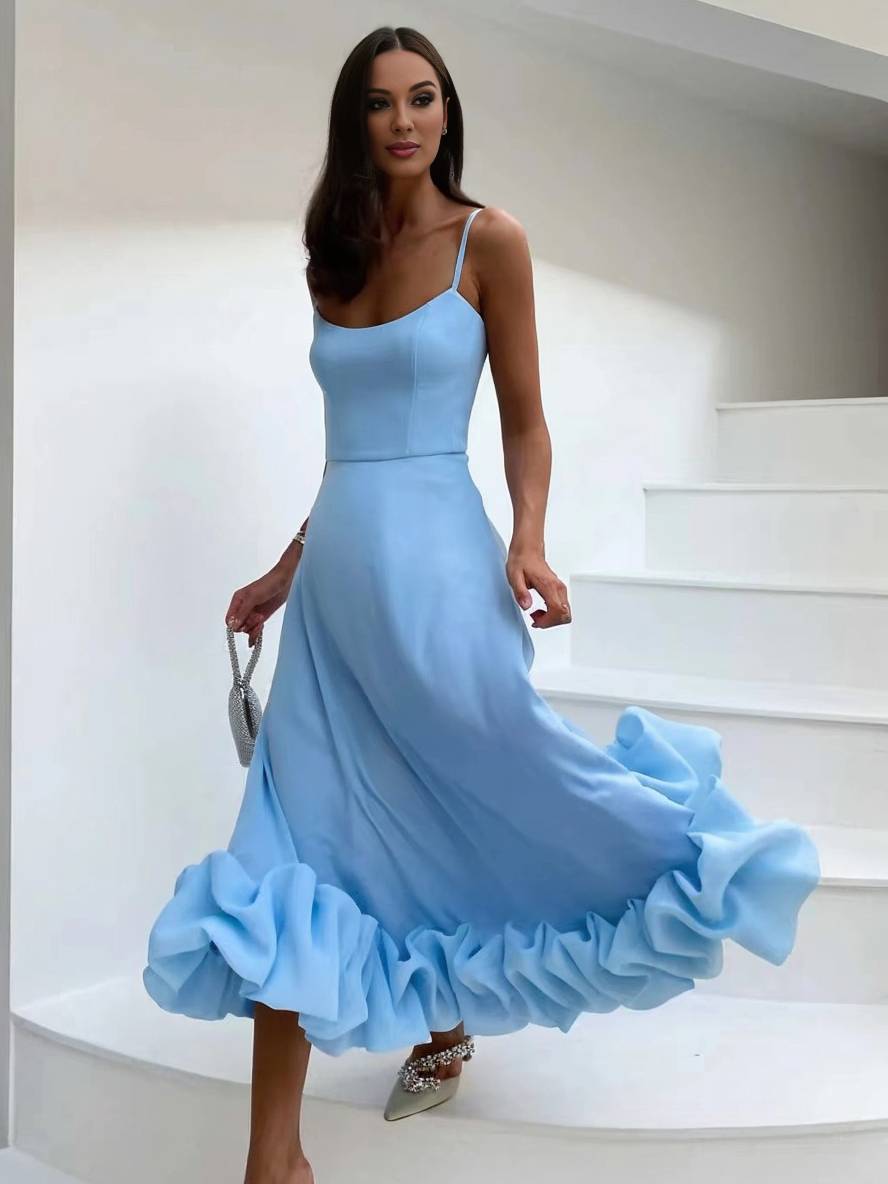 Heidi-Mode | Knielanges Kleid A-Linie mit Rüschen Bustier mit Feinen Trägern Ohne Ärmel Damen Elegant Weich Cocktail Prom