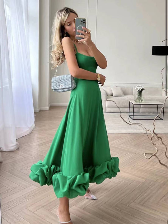 Heidi-Mode | Knielanges Kleid A-Linie mit Rüschen Bustier mit Feinen Trägern Ohne Ärmel Damen Elegant Weich Cocktail Prom