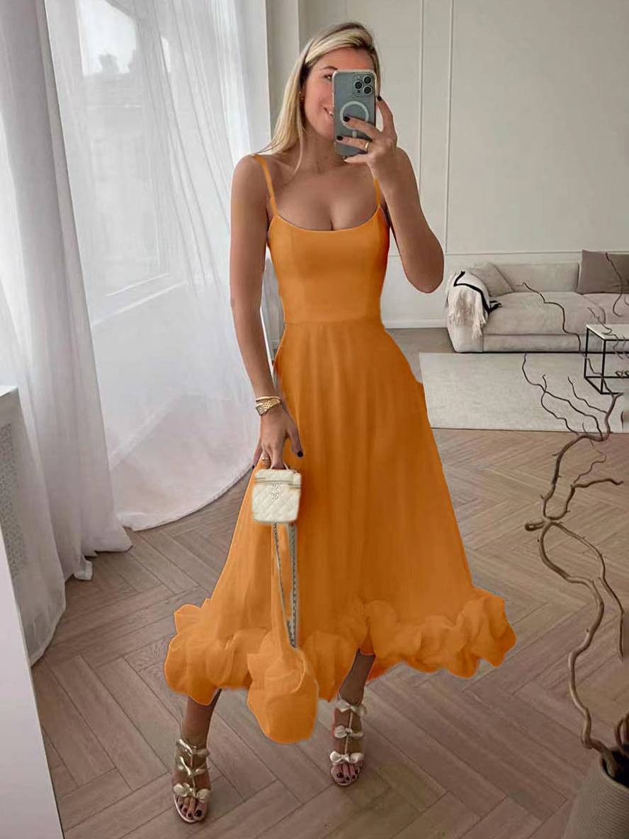 Heidi-Mode | Knielanges Kleid A-Linie mit Rüschen Bustier mit Feinen Trägern Ohne Ärmel Damen Elegant Weich Cocktail Prom