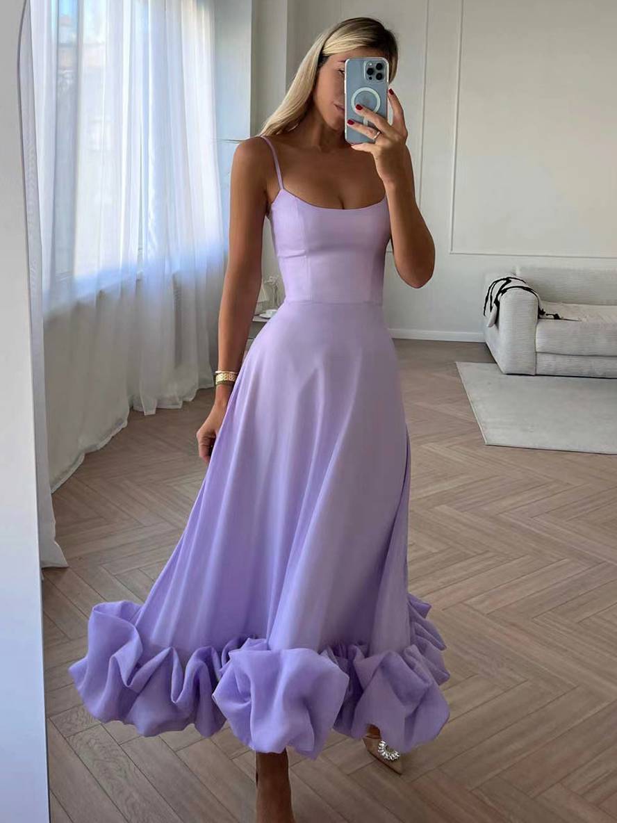 Heidi-Mode | Knielanges Kleid A-Linie mit Rüschen Bustier mit Feinen Trägern Ohne Ärmel Damen Elegant Weich Cocktail Prom
