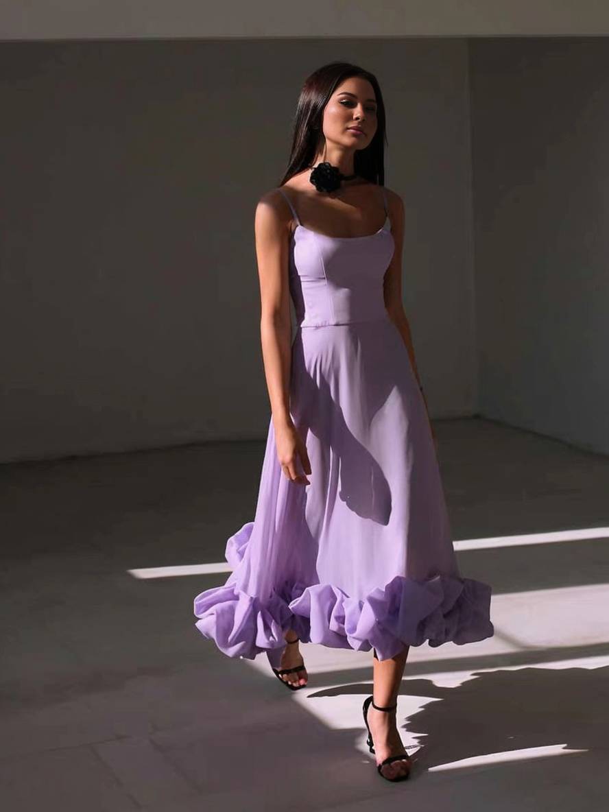 Heidi-Mode | Knielanges Kleid A-Linie mit Rüschen Bustier mit Feinen Trägern Ohne Ärmel Damen Elegant Weich Cocktail Prom