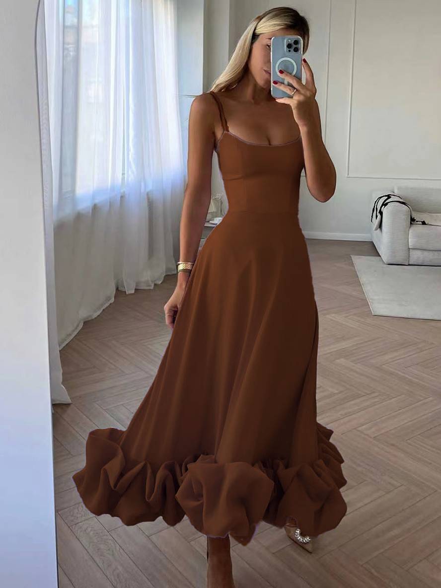 Heidi-Mode | Knielanges Kleid A-Linie mit Rüschen Bustier mit Feinen Trägern Ohne Ärmel Damen Elegant Weich Cocktail Prom