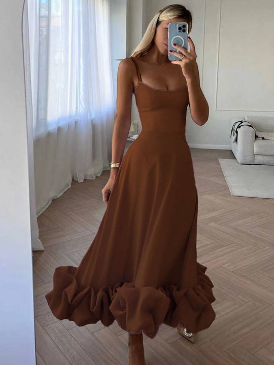 Heidi-Mode | Knielanges Kleid A-Linie mit Rüschen Bustier mit Feinen Trägern Ohne Ärmel Damen Elegant Weich Cocktail Prom