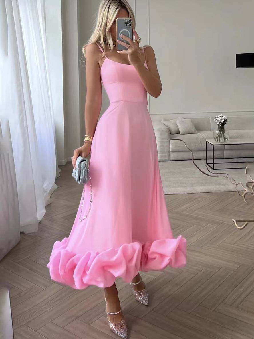 Heidi-Mode | Knielanges Kleid A-Linie mit Rüschen Bustier mit Feinen Trägern Ohne Ärmel Damen Elegant Weich Cocktail Prom